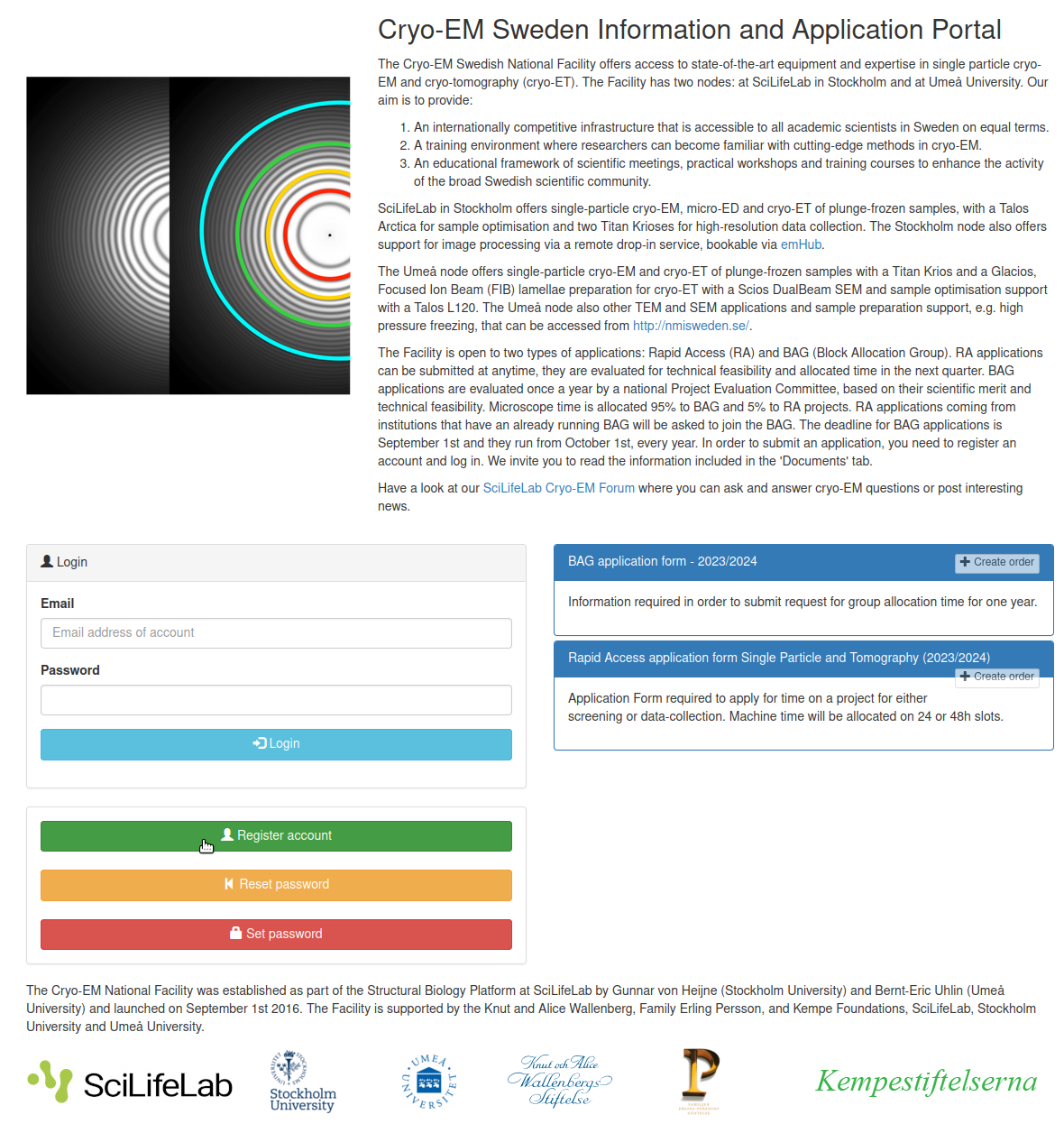 First Step in the Portal Guide for new users, showing a screenshot of the Cryo-EM OrderPortal page with the mouse hovering over the button "Register account"