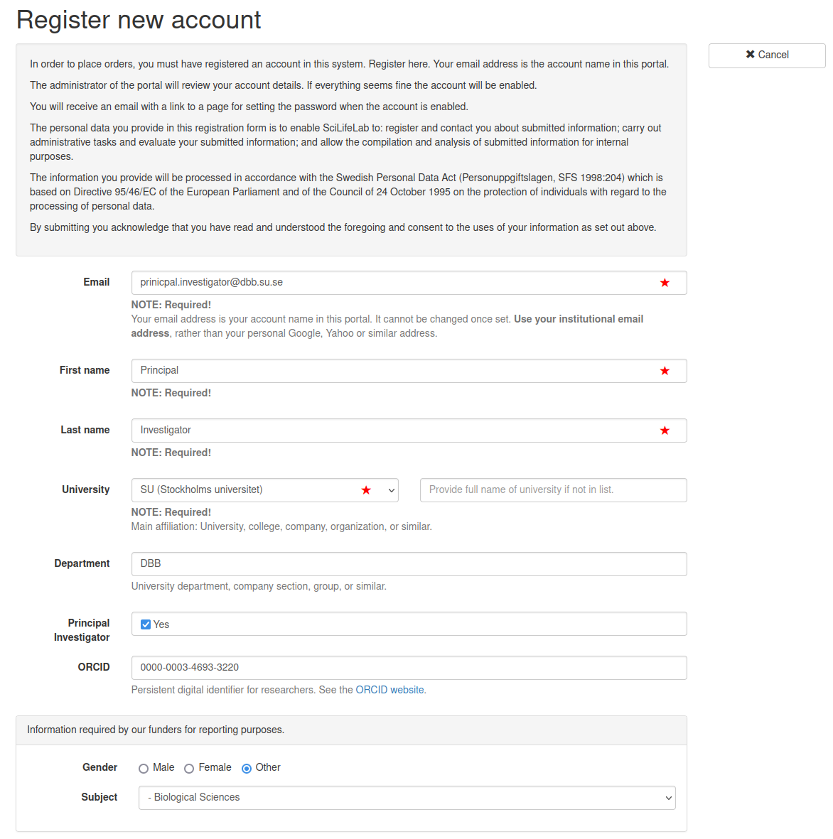 Second step in the Portal Guide for new users, showing a the first half of a properly filled out "Register new account" form for a new Principal Investigator.