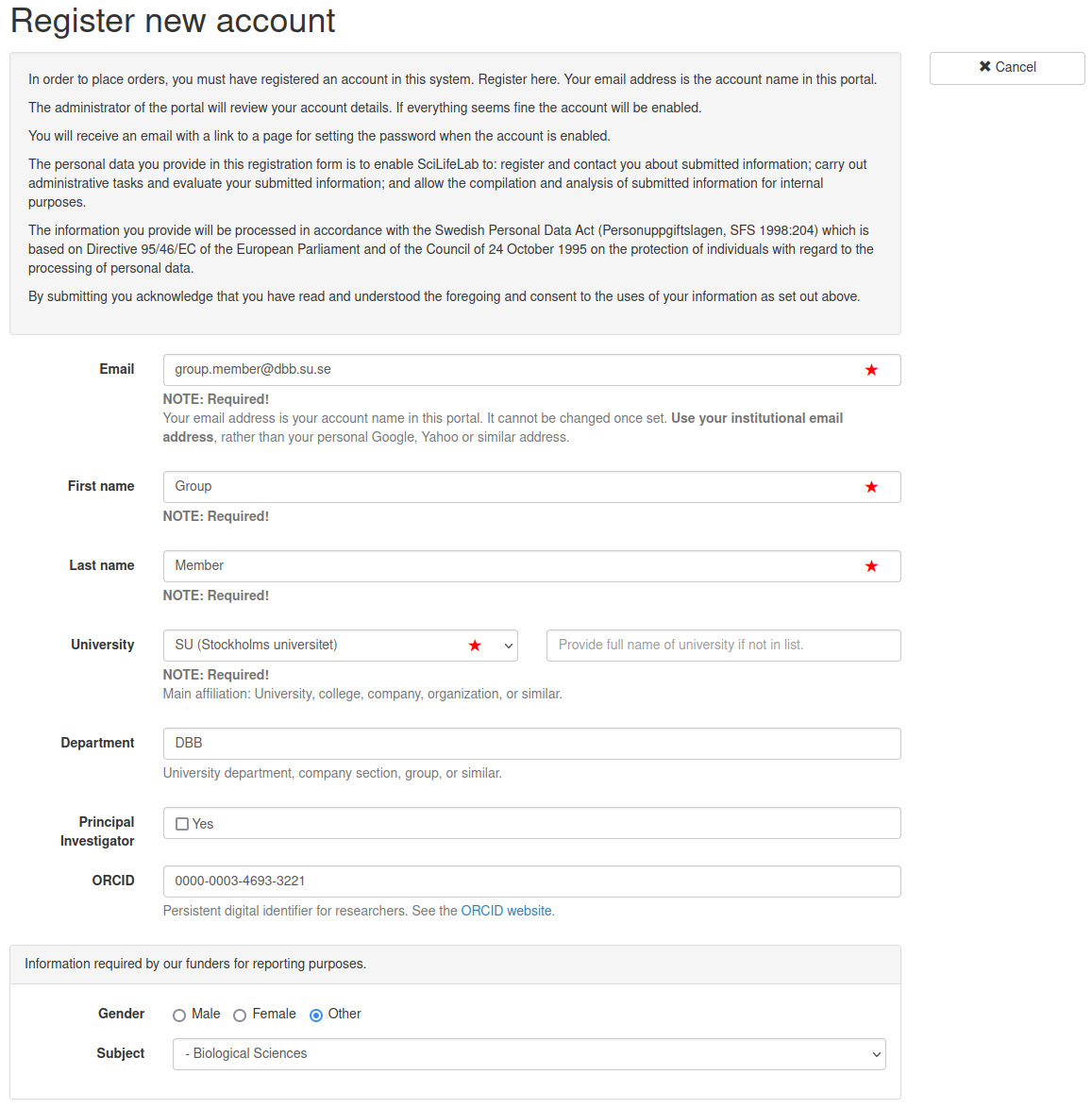 Fourth step in the Portal Guide for new users, showing a the first half of a properly filled out "Register new account" form for a new group member of the previously created Principal Investigator.