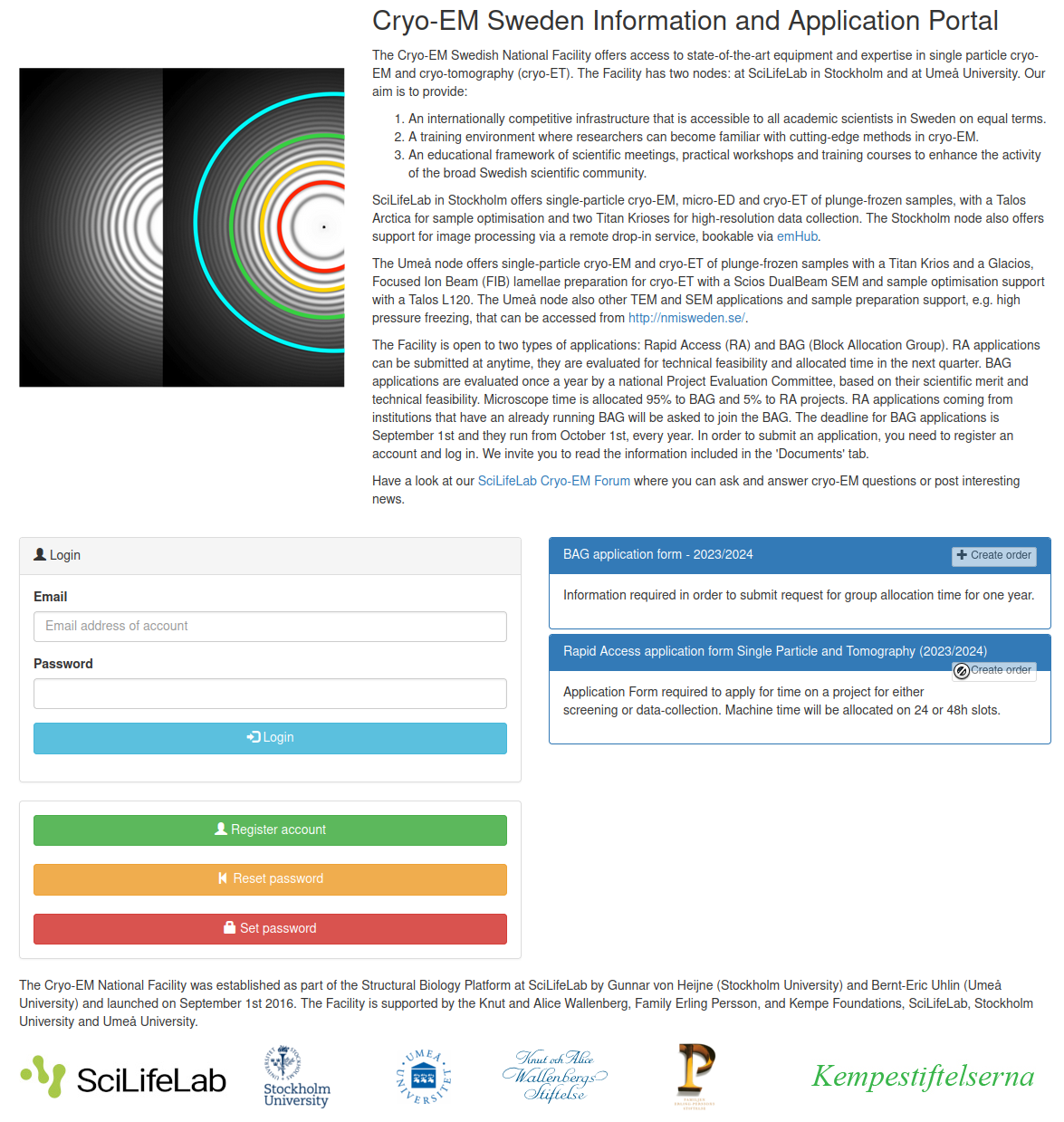 Seventh step in the Portal Guide for new users, showing the Home landing page of the OrderPortal with the mouse over the "Create order" button for the Rapid Access application form Single Particle and Tomography (2023/2024).