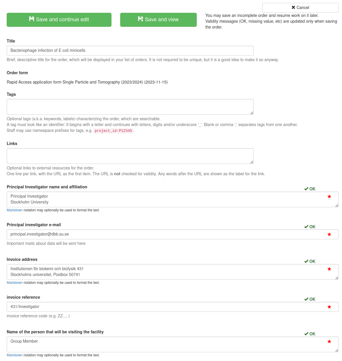 Eighth step in the Portal Guide for new users, showing the first third of a properly completed Rapid Access application Order