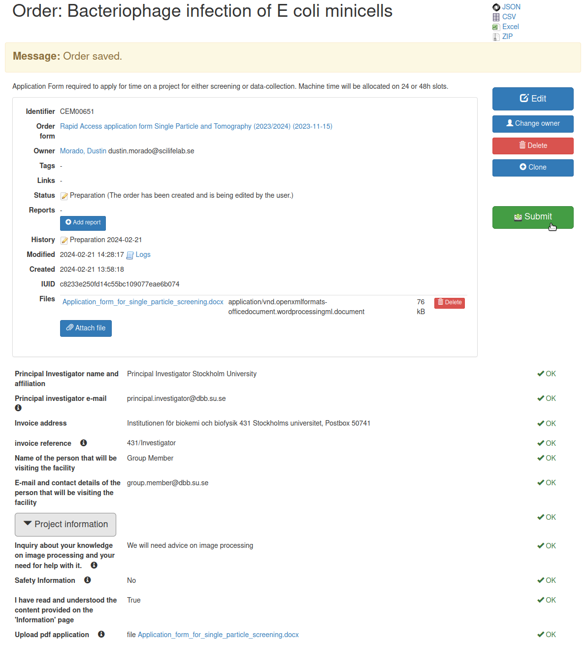 Eleventh step in the Portal Guide for new users, showing the completed Rapid Access application Order after saving with the mouse over the "Submit" button.